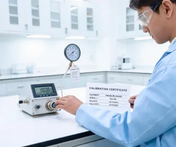 Calibration service technician with pressure standard