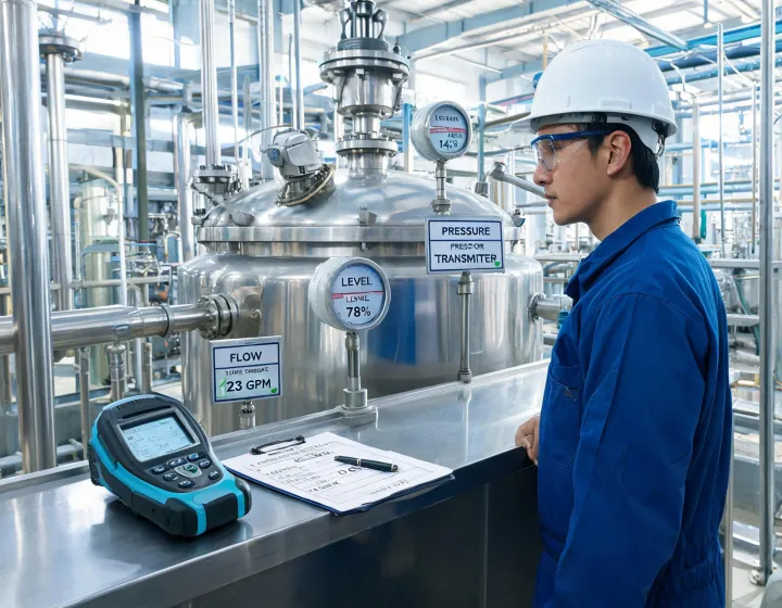 Process plant operator checking pressure flow and level transmitters